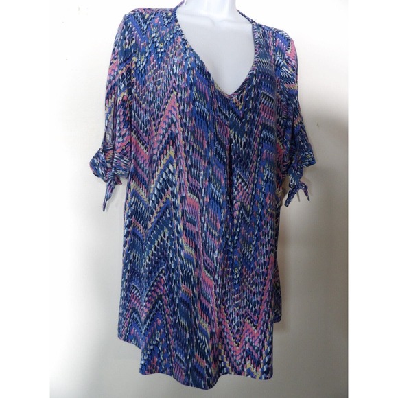 J.T.B. Woman Shirt 2X Slinky Top Colorful Abstract Tie Sleeve V Neck Plus Fun - Picture 3 of 10